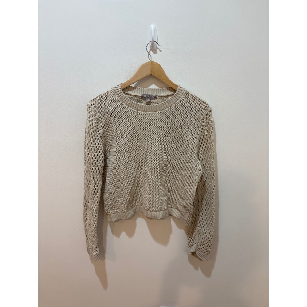 J.Crew Womens Beige Open Knit‎ Cotton Crewneck Sweater Size M Textured Pointelle